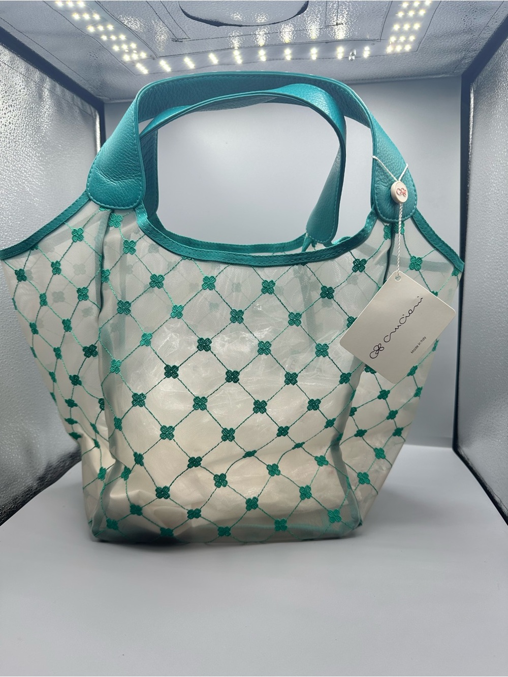Cruciani Teal Embroidered Transparent Tote